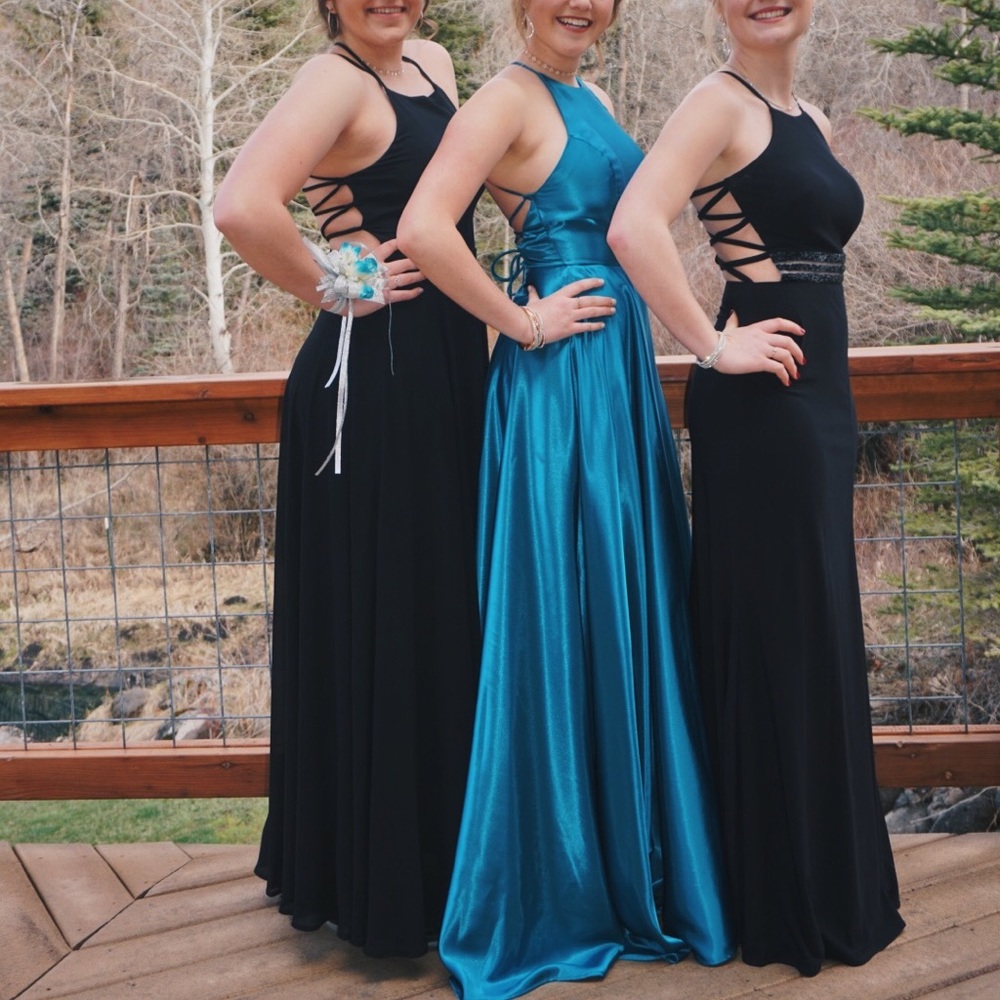 Teal Satin Halter Prom Dress!!